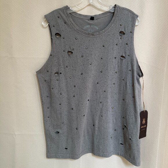 JOHN JOHN Unisex Sleeveless Distressed Jeweled T Shirt Top Gray Sz M NWT - Picture 1 of 16